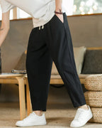 Men's Lightweight Cotton Trousers with Drawstring Waist - Black