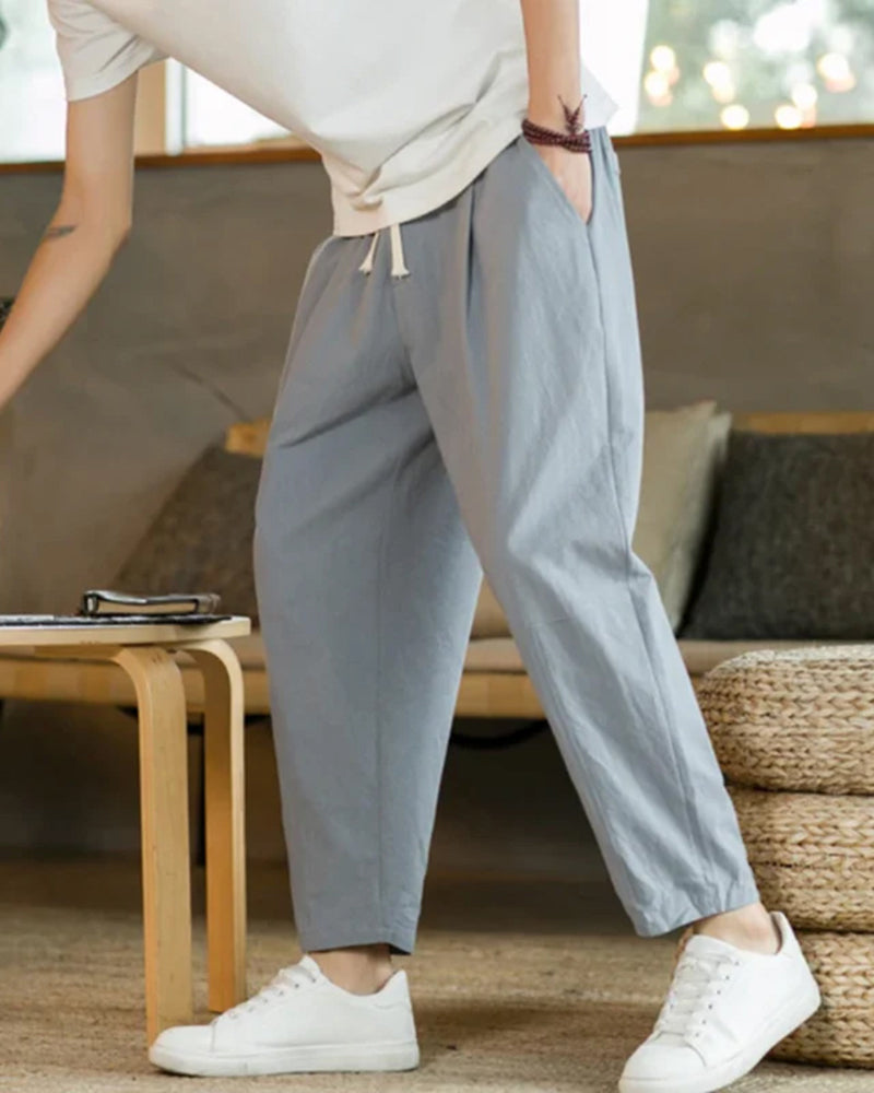 Men's Lightweight Cotton Trousers with Drawstring Waist - Light Gray