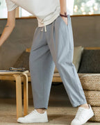 Men's Lightweight Cotton Trousers with Drawstring Waist - Light Gray