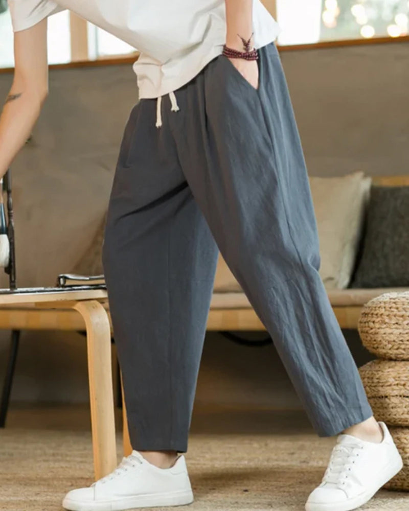 Men's Lightweight Cotton Trousers with Drawstring Waist - Dark Gray