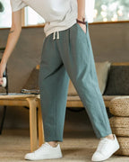 Men's Lightweight Cotton Trousers with Drawstring Waist - Green