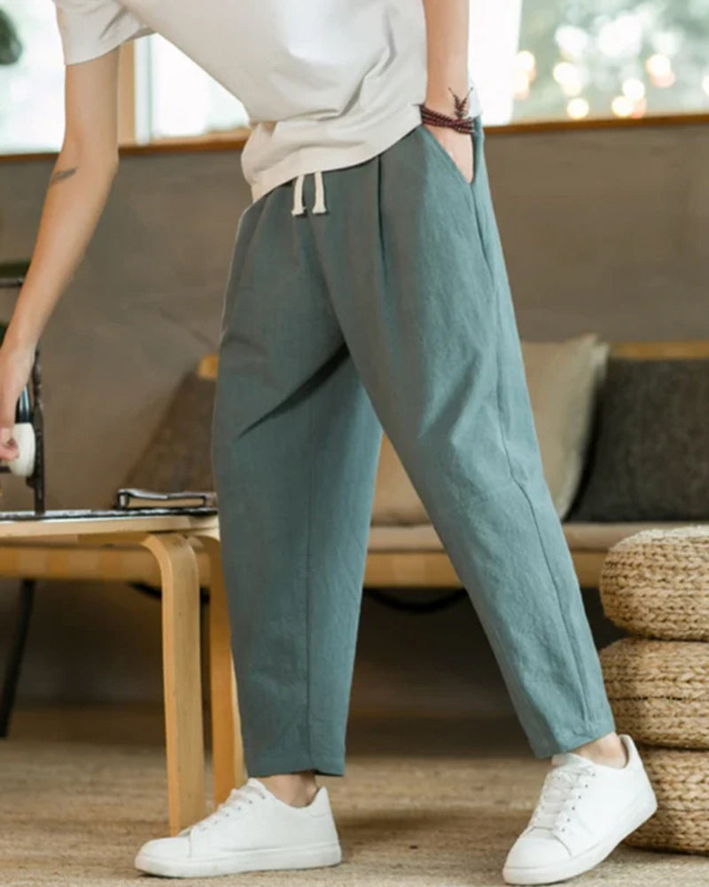 Men's Lightweight Cotton Trousers with Drawstring Waist - Green
