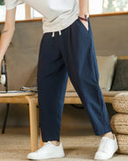 Men's Lightweight Cotton Trousers with Drawstring Waist - Marine Blue