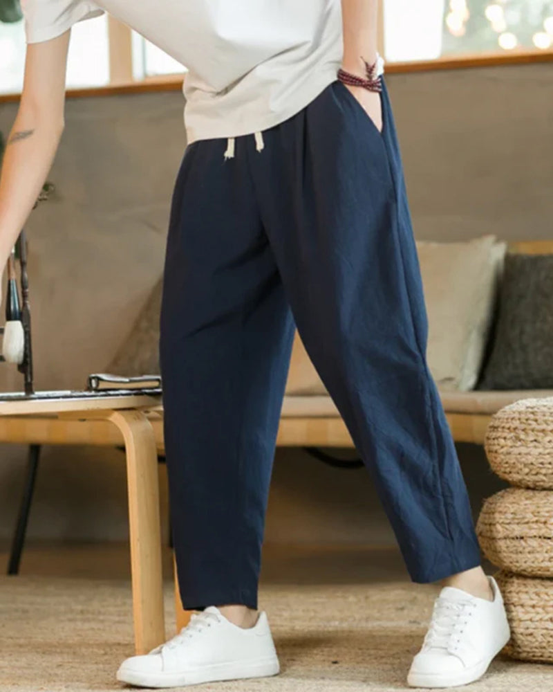 Men's Lightweight Cotton Trousers with Drawstring Waist - Marine Blue