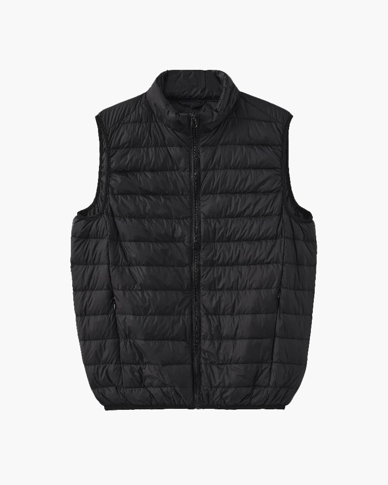 Men's Lightweight Puffer Vest with Stand Collar and Zip - Black