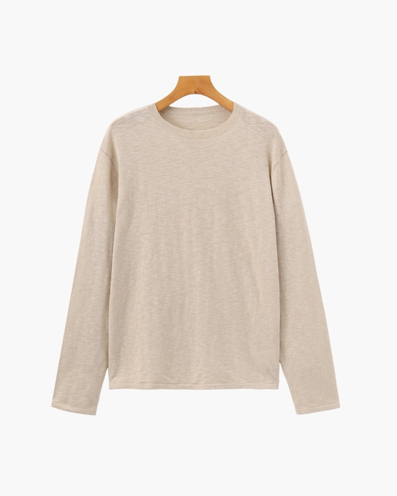 Men's Linen-Cotton Crew Neck Sweater with Lightweight Knit - Beige