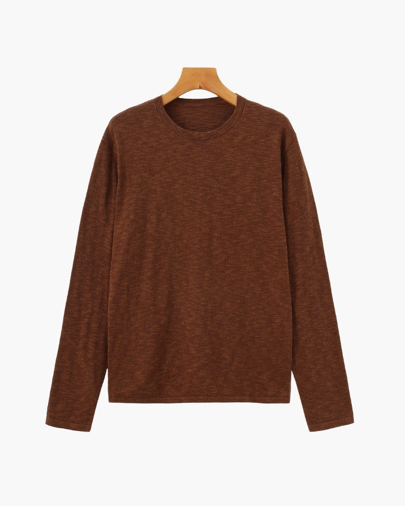 Men's Linen-Cotton Crew Neck Sweater with Lightweight Knit - Brown