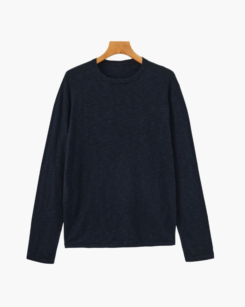 Men's Linen-Cotton Crew Neck Sweater with Lightweight Knit - Blue