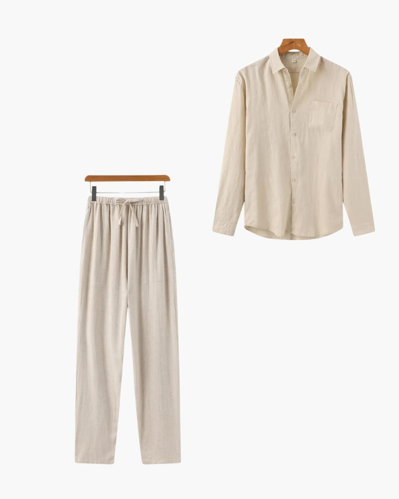 Men's Linen Shirt and Slim Trousers Matching Set - Beige