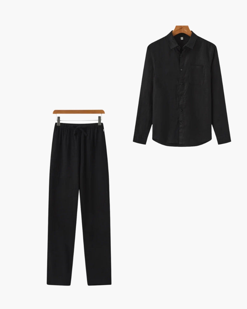 Men's Linen Shirt and Slim Trousers Matching Set - Black