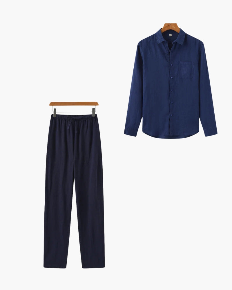 Men's Linen Shirt and Slim Trousers Matching Set - Navy