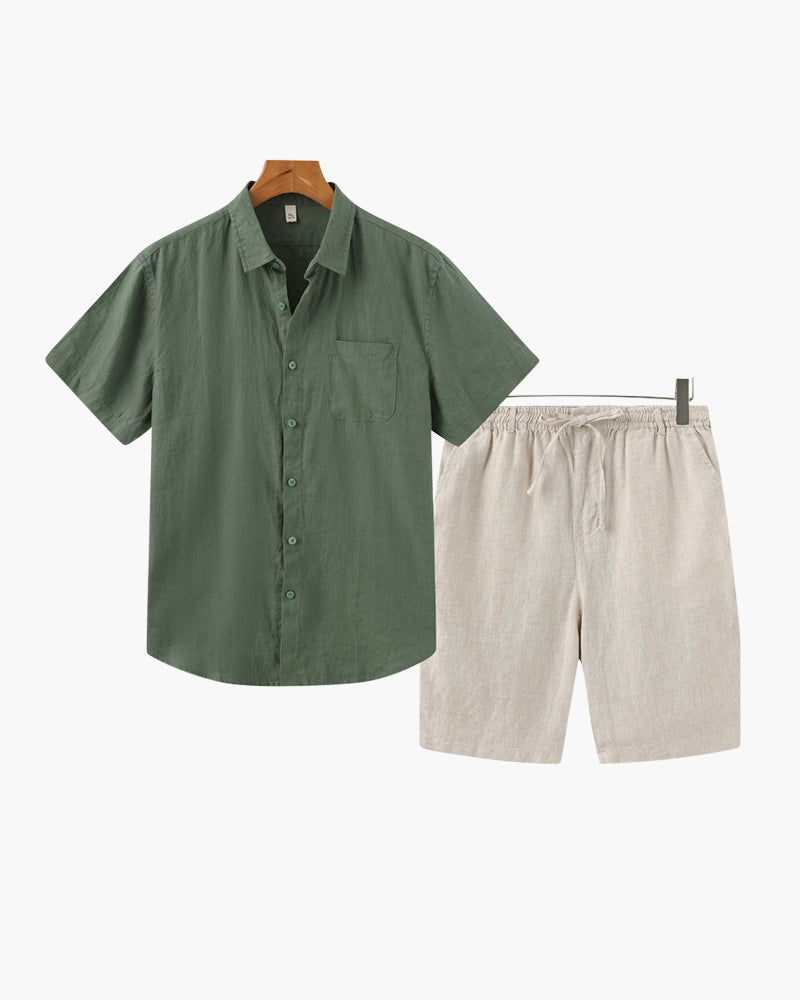 Men's Linen Short Sleeve Shirt and Shorts Combo