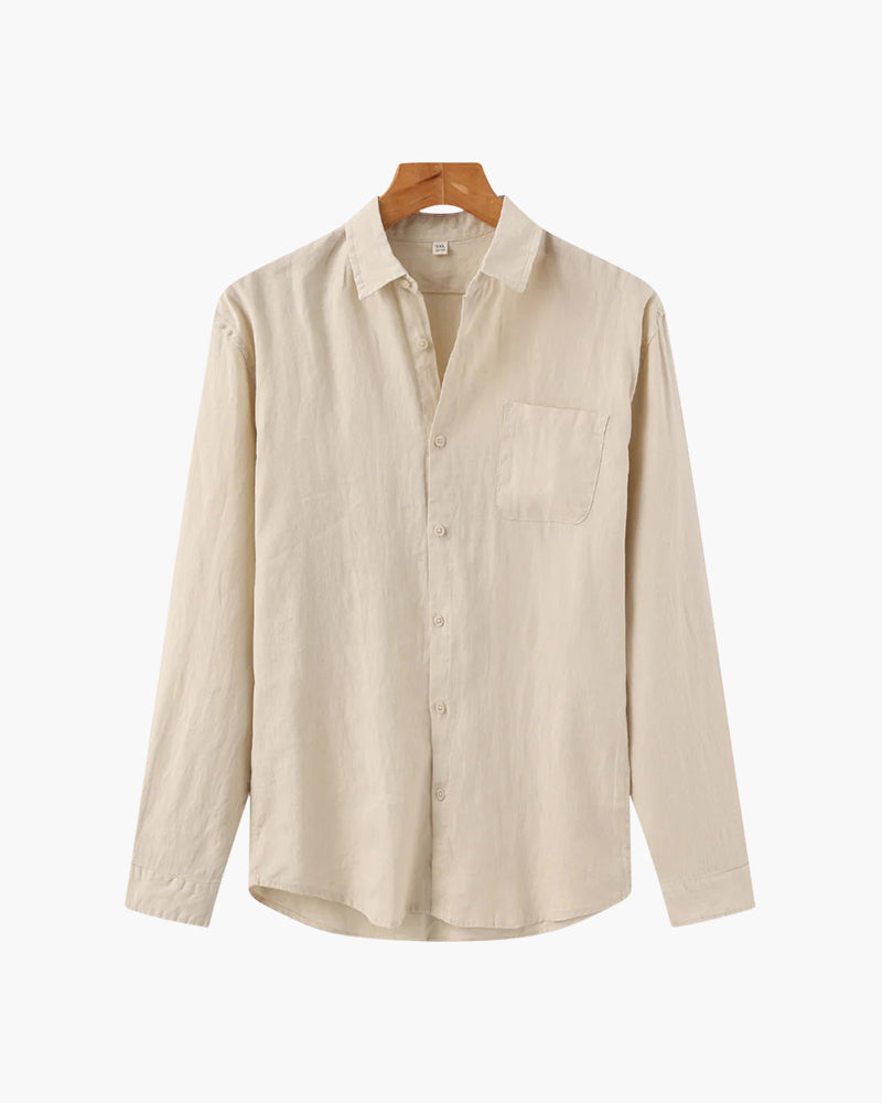 Men's Long Sleeve Linen Shirt with Relaxed Fit and Camp Collar - Beige