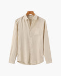 Men's Long Sleeve Linen Shirt with Relaxed Fit and Camp Collar - Beige