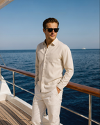 Men's Long Sleeve Linen Shirt with Relaxed Fit and Camp Collar