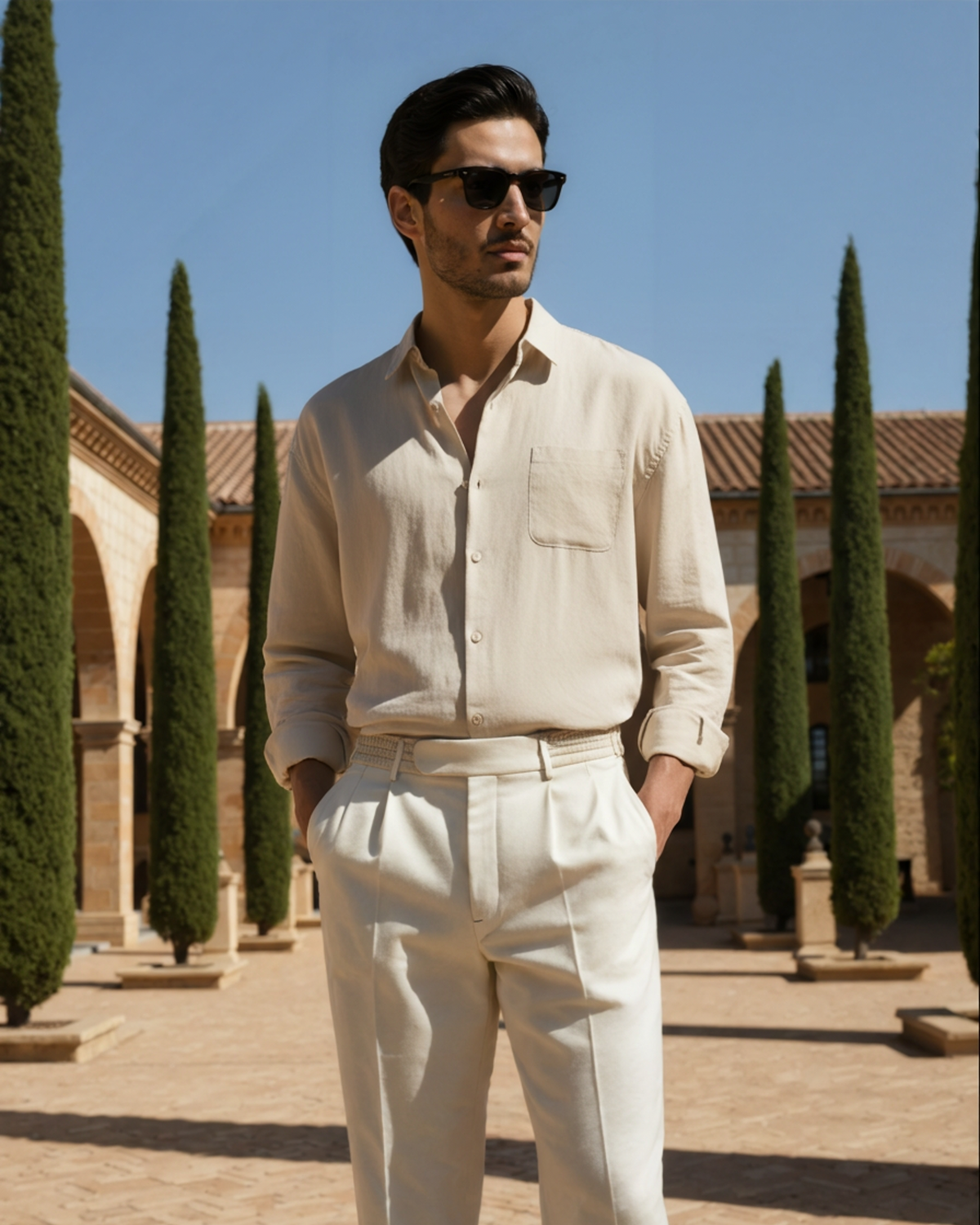 Men's Long Sleeve Linen Shirt with Relaxed Fit and Camp Collar