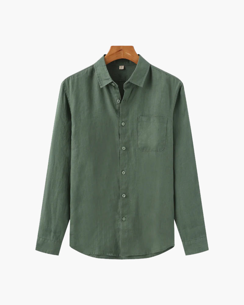 Men's Long Sleeve Linen Shirt with Relaxed Fit and Camp Collar - Green