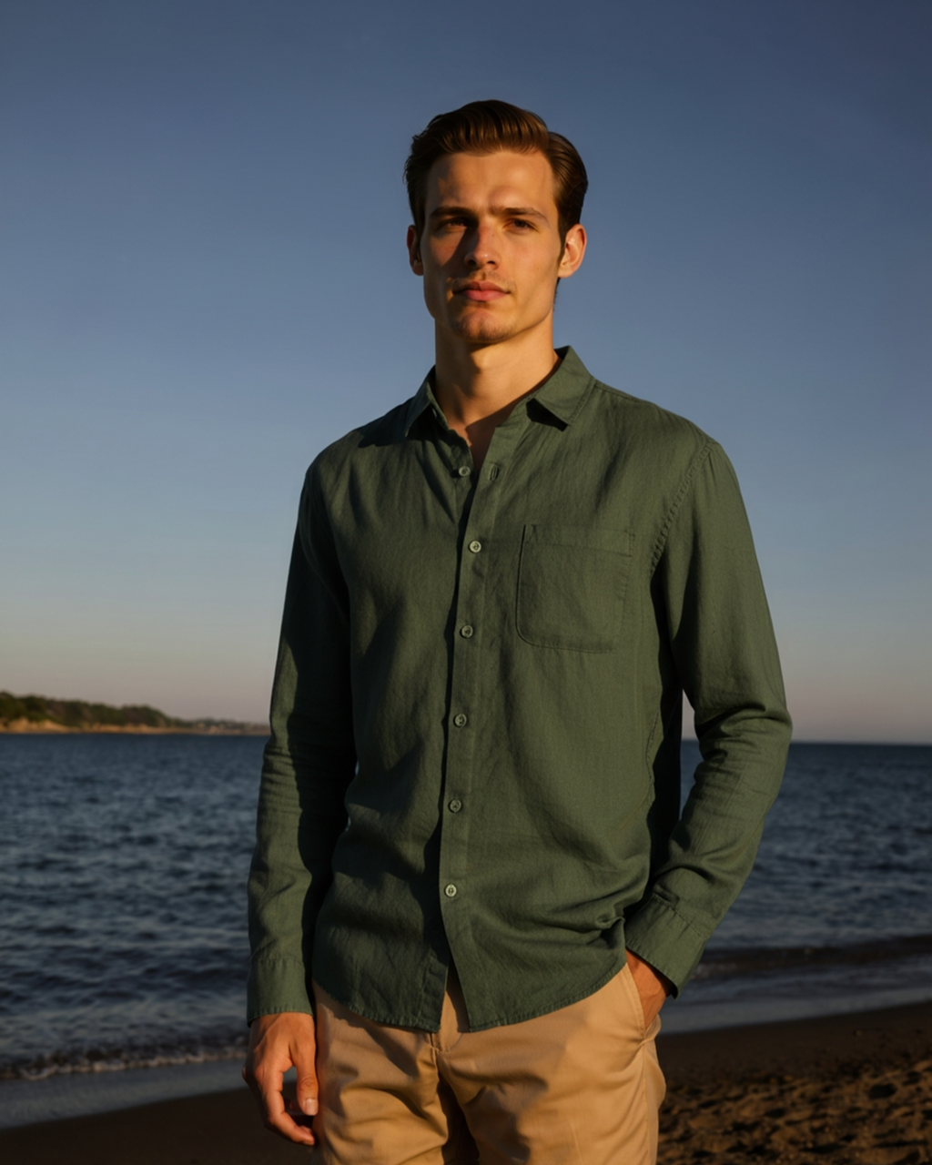 Men's Long Sleeve Linen Shirt with Relaxed Fit and Camp Collar