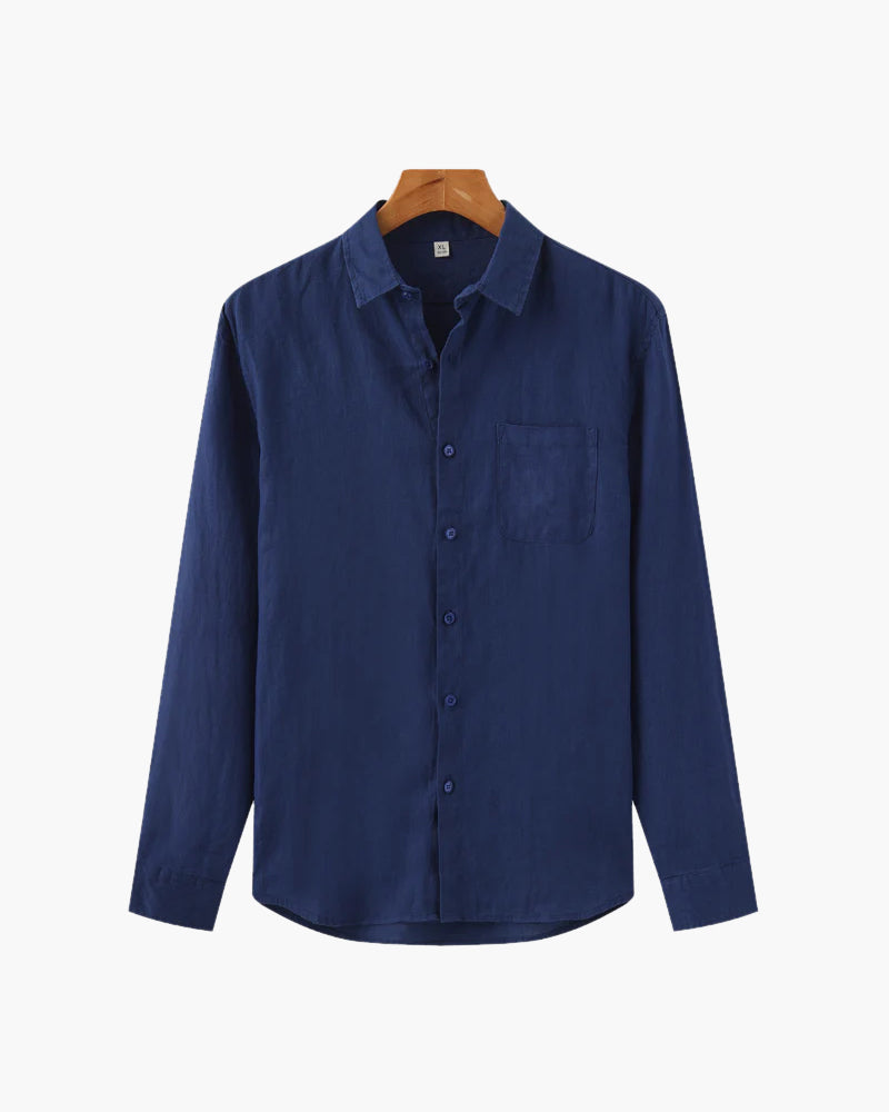 Men's Long Sleeve Linen Shirt with Relaxed Fit and Camp Collar - Blue