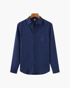 Men's Long Sleeve Linen Shirt with Relaxed Fit and Camp Collar - Blue