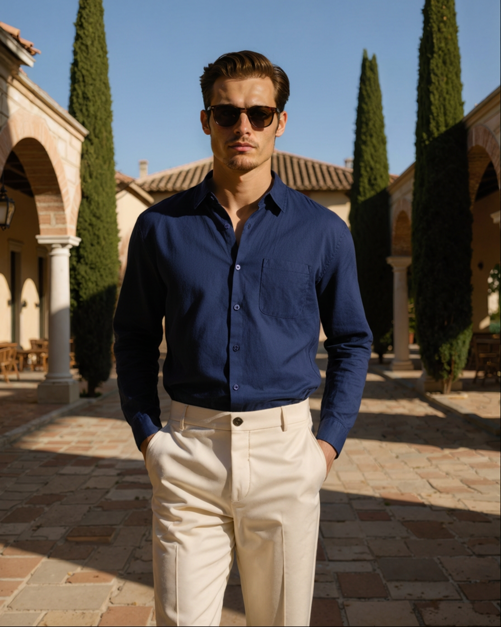Men's Long Sleeve Linen Shirt with Relaxed Fit and Camp Collar