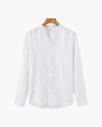 Men's Long Sleeve Linen Shirt with Relaxed Fit and Camp Collar - White