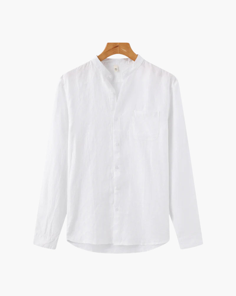 Men's Long Sleeve Linen Shirt with Relaxed Fit and Camp Collar - White