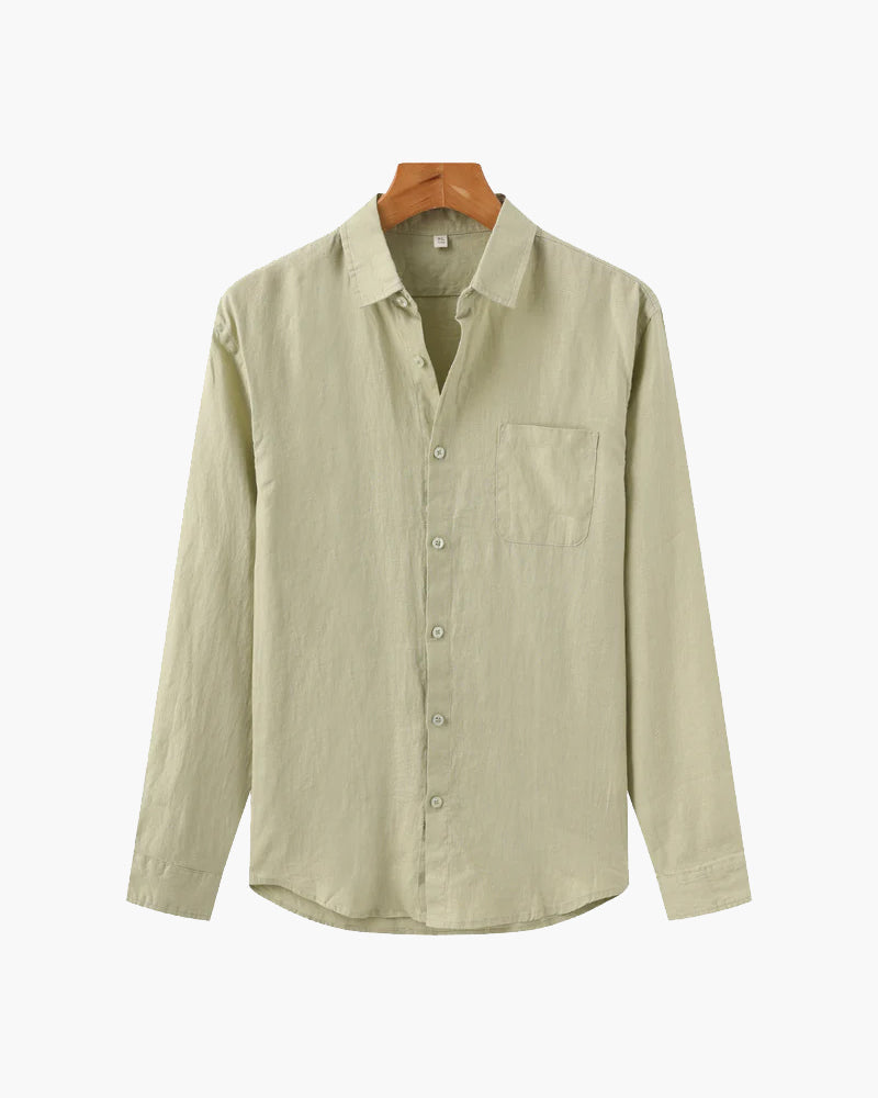 Men's Long Sleeve Linen Shirt with Relaxed Fit and Camp Collar - Mint Green