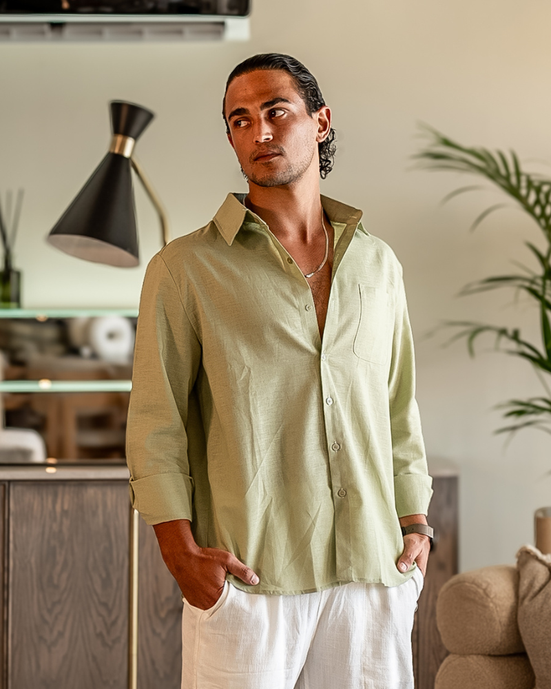 Men's Long Sleeve Linen Shirt with Relaxed Fit and Camp Collar