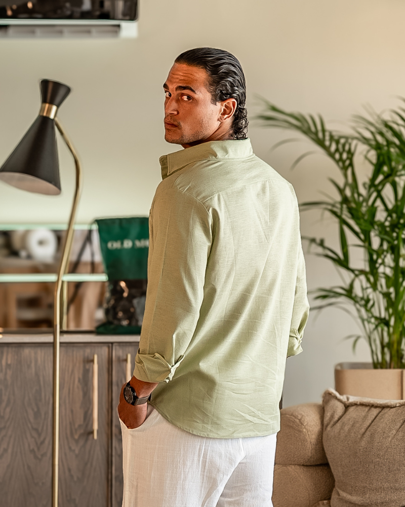 Men's Long Sleeve Linen Shirt with Relaxed Fit and Camp Collar