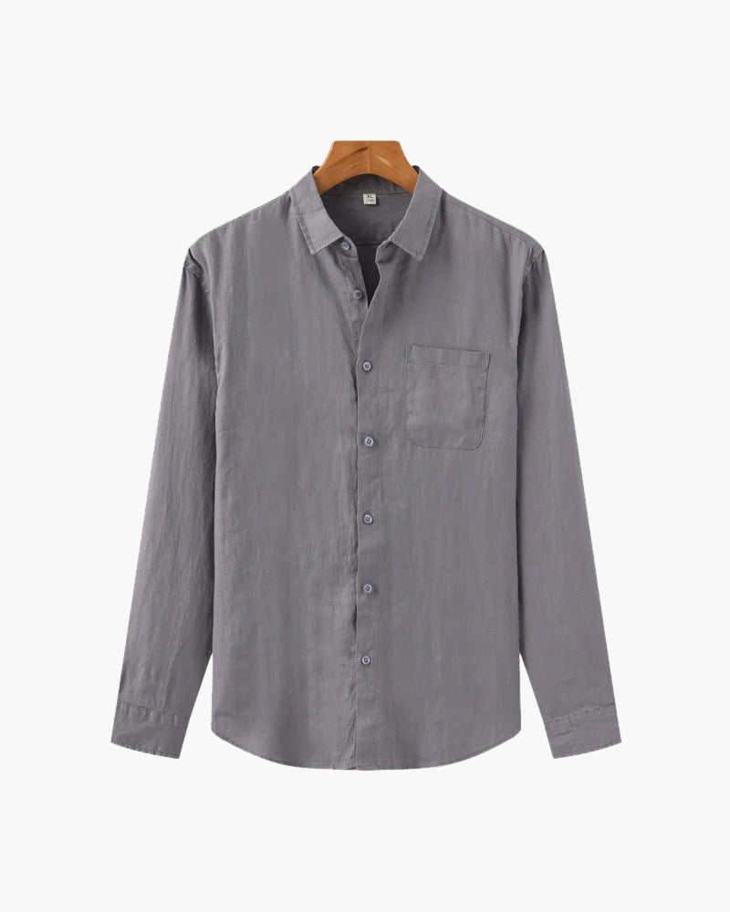 Men's Long Sleeve Linen Shirt with Relaxed Fit and Camp Collar - Gray