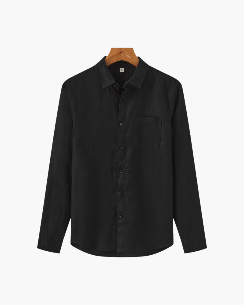 Men's Long Sleeve Linen Shirt with Relaxed Fit and Camp Collar - Black