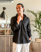 Men's Long Sleeve Linen Shirt with Relaxed Fit and Camp Collar