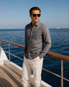 Men's Long Sleeve Linen Shirt with Relaxed Fit and Camp Collar