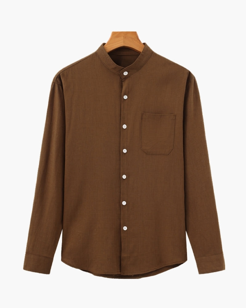Men's Mandarin Collar Shirt in Textured Cotton with Chest Pocket - Brown