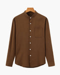 Men's Mandarin Collar Shirt in Textured Cotton with Chest Pocket - Brown