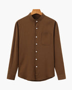 Men's Mandarin Collar Shirt in Textured Cotton with Chest Pocket - Brown