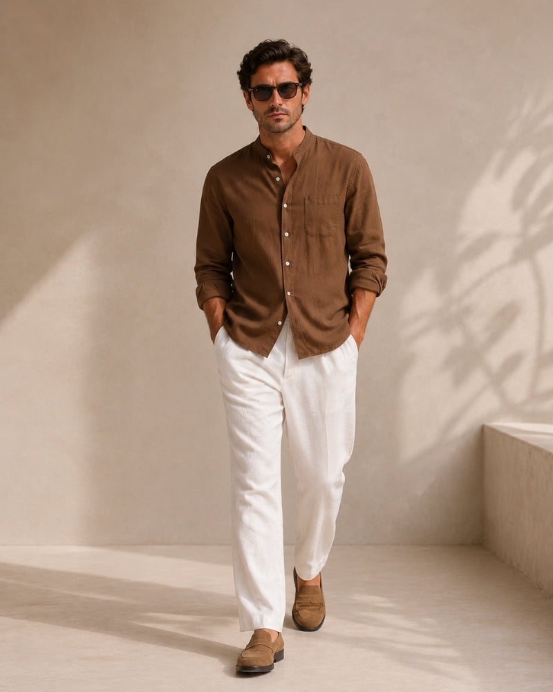 Men's Mandarin Collar Shirt in Textured Cotton with Chest Pocket