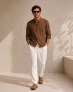 Men's Mandarin Collar Shirt in Textured Cotton with Chest Pocket