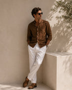 Men's Mandarin Collar Shirt in Textured Cotton with Chest Pocket