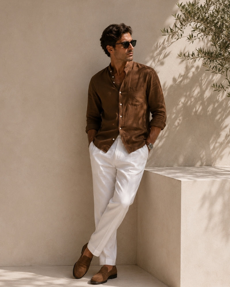 Men's Mandarin Collar Shirt in Textured Cotton with Chest Pocket