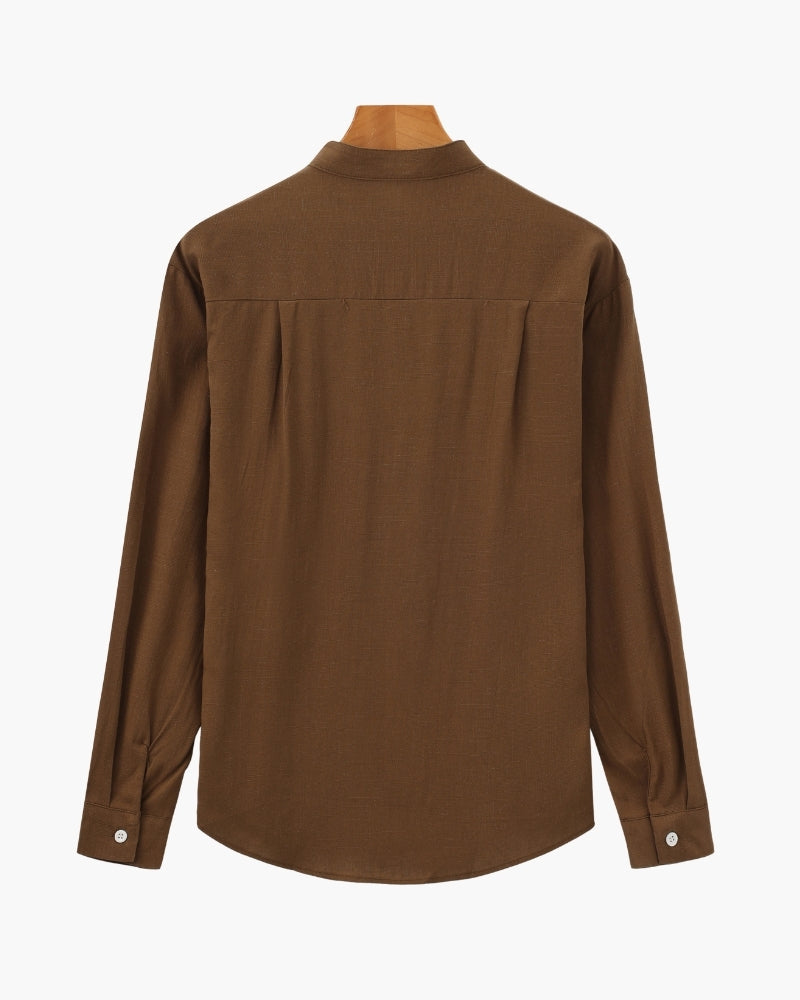 Men's Mandarin Collar Shirt in Textured Cotton with Chest Pocket
