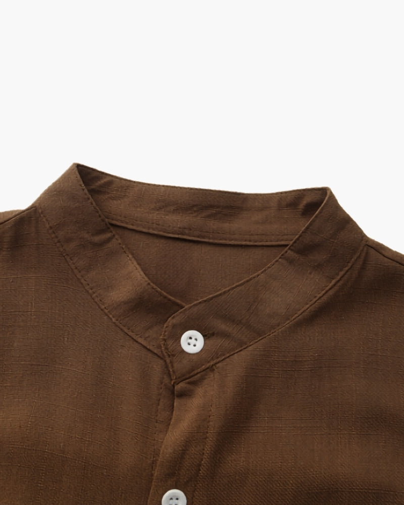 Men's Mandarin Collar Shirt in Textured Cotton with Chest Pocket