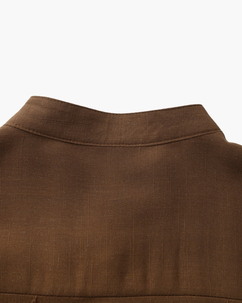 Men's Mandarin Collar Shirt in Textured Cotton with Chest Pocket