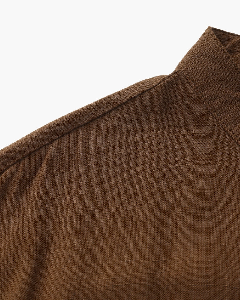 Men's Mandarin Collar Shirt in Textured Cotton with Chest Pocket