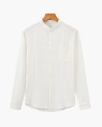 Men's Mandarin Collar Shirt in Textured Cotton with Chest Pocket - White