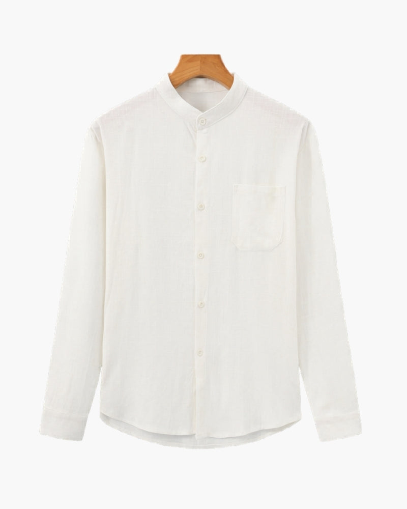 Men's Mandarin Collar Shirt in Textured Cotton with Chest Pocket - White