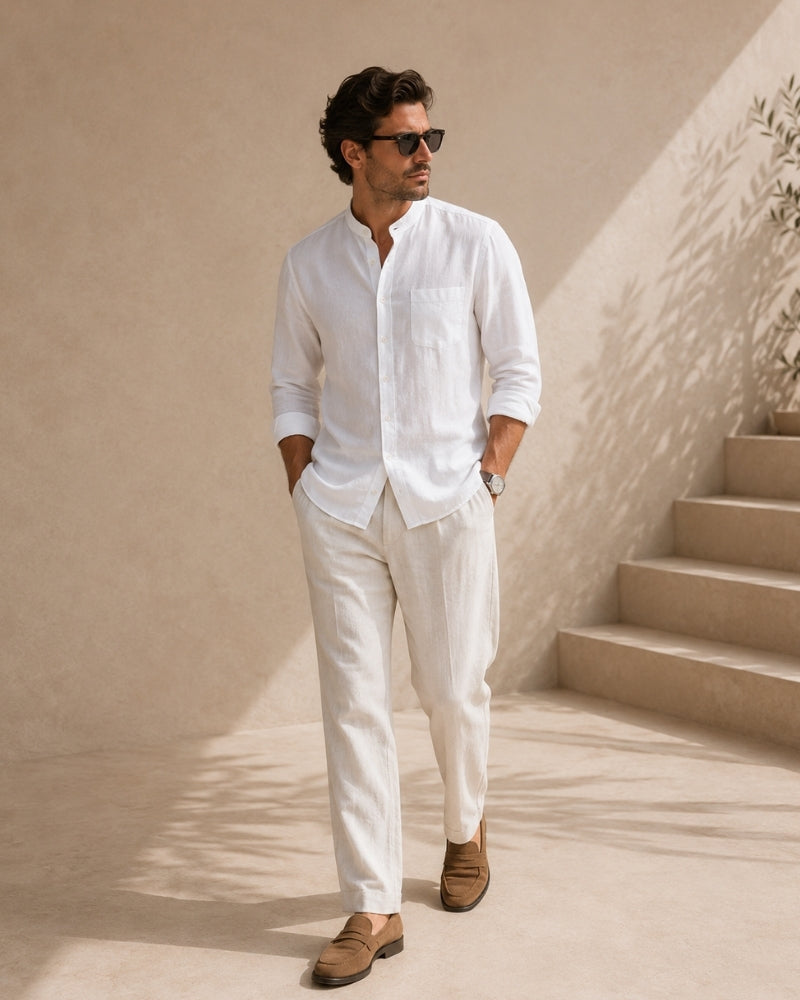 Men's Mandarin Collar Shirt in Textured Cotton with Chest Pocket