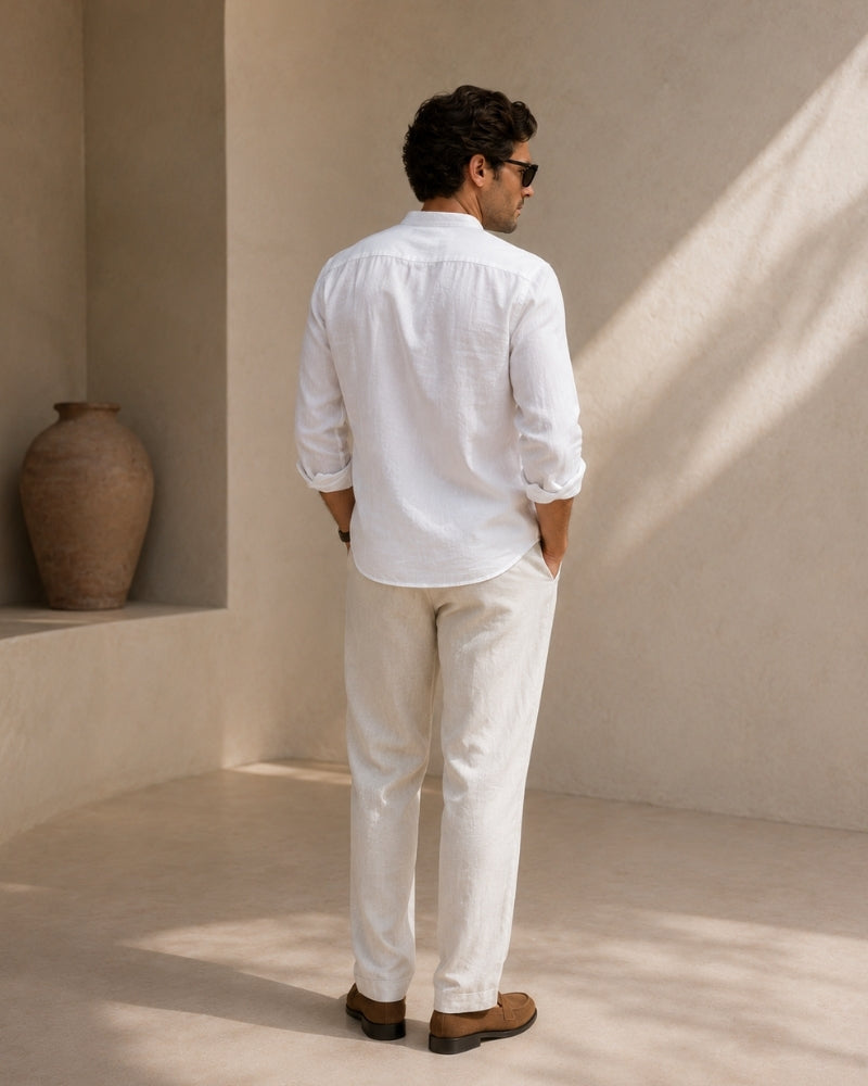 Men's Mandarin Collar Shirt in Textured Cotton with Chest Pocket