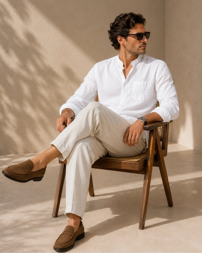 Men's Mandarin Collar Shirt in Textured Cotton with Chest Pocket